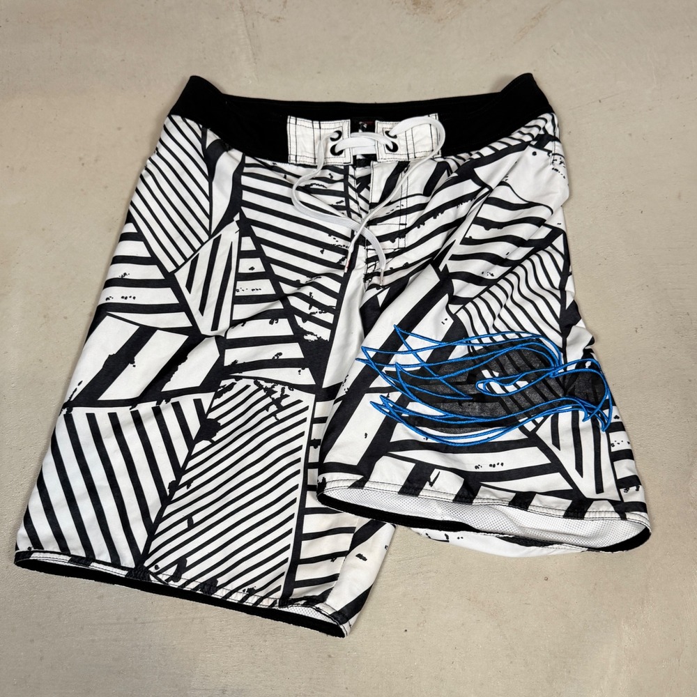 Tony Hawk Mens Board Shorts Size 30 Black White Geometric Abstract Swim Trunks
